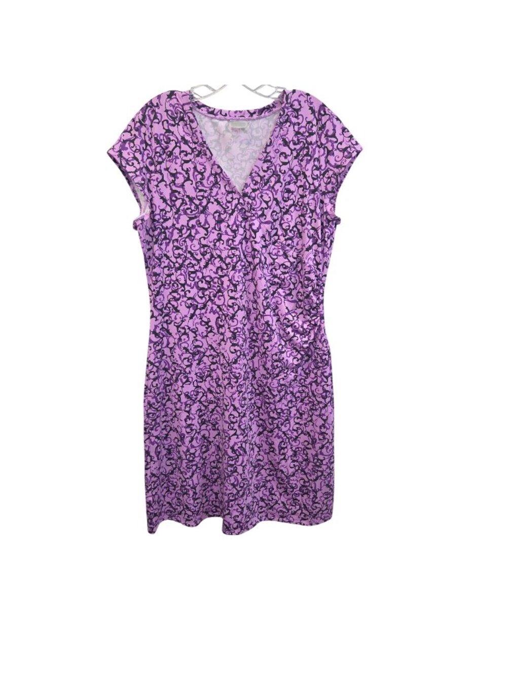 Athleta XL Purple Scrollwork Print V-neck Ruched Side Dress 4328